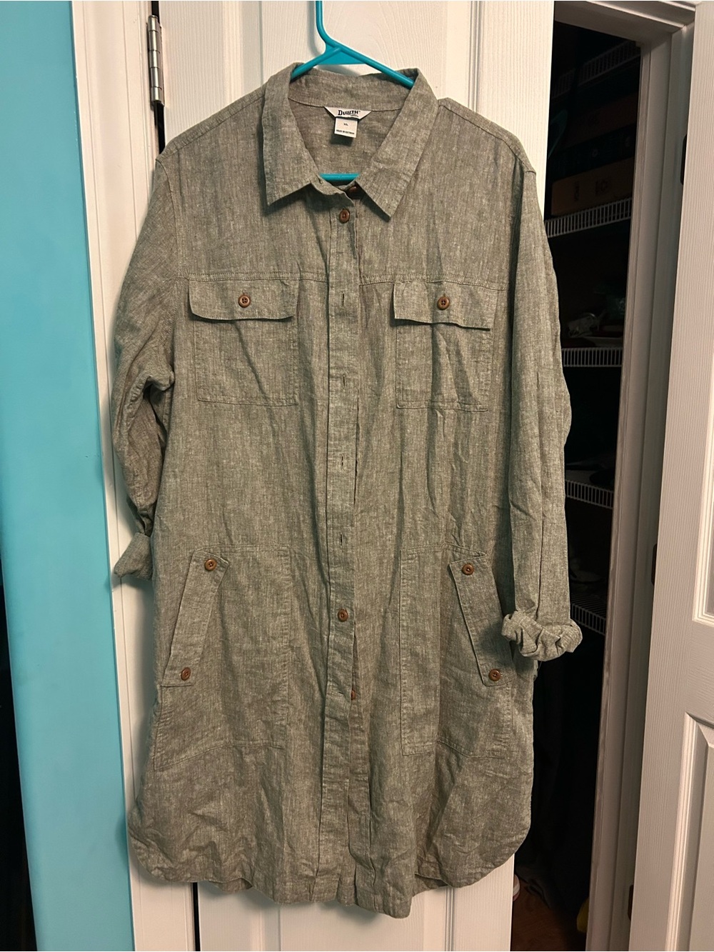 Duluth Trading Co Sage Green Button-Front Long Shirt dress